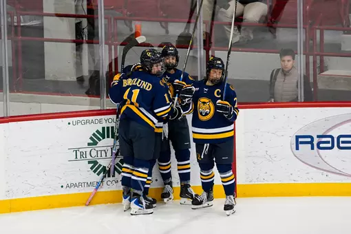 Avery Bairos celebrating with group after goal against RPI (Oct. 24, 2026 in Troy, NY)