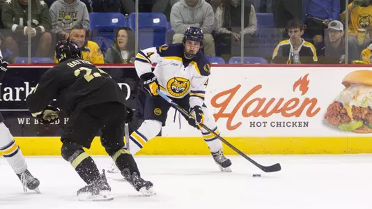 Andrew Strathmann with the Puck Against Army (Oct. 23, 2026 in Hamden, Conn.)