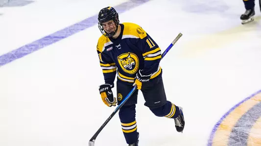 Aaron Schwartz Smiles After his Empty Net Tally Against Merrimack (Oct. 3, 2026 in Hamden, Conn.)
