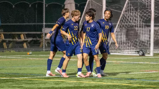 Quinnipiac Huddles After a Goal at Manhattan