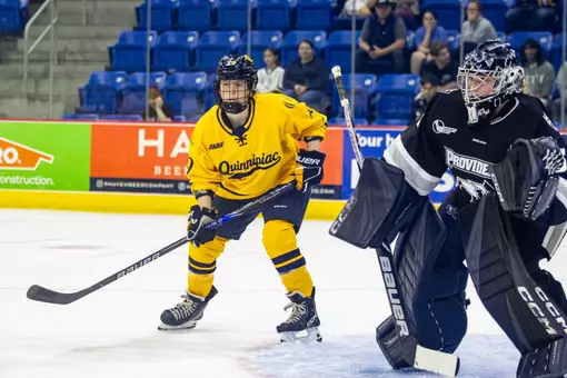 Peyton Cormier in front of the net against Providence (Oct. 2, 2026 in Hamden, CT)