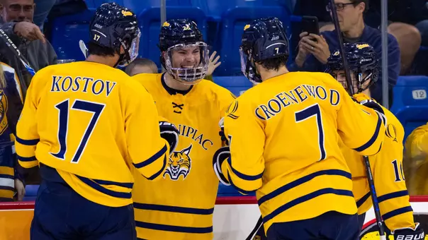 The Bobcats Celebrate a Goal Against New Hampshire (Oct. 2, 2026 in Hamden, Conn.)