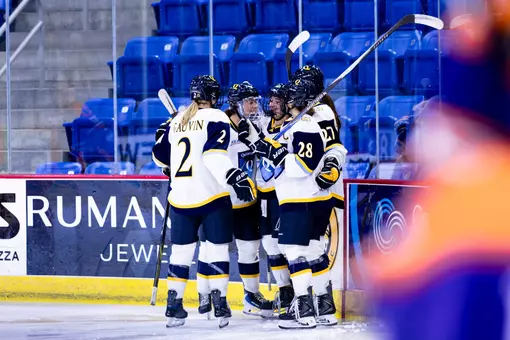 Group celebration after Avery Bairos scored goal against Post (Oct. 6, 2026 in Hamden, CT)