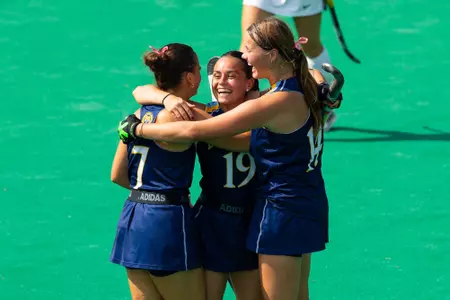 Martina Calveira celebrating goal with Rozemarijn van Keulen and Emma Nelson against Wagner (Oct. 2, 2026 in Hamden, CT)