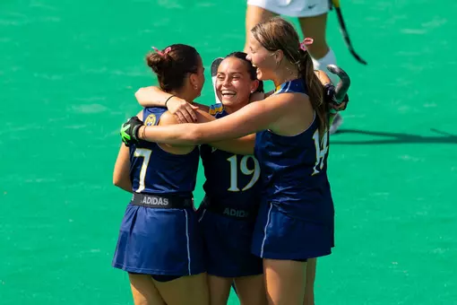 Martina Calveira celebrating goal with Rozemarijn van Keulen and Emma Nelson against Wagner (Oct. 2, 2026 in Hamden, CT)