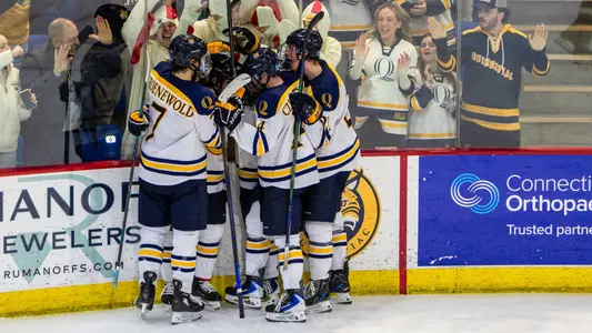 The Bobcats Celebrate a Goal vs. Princeton (Feb. 14, 2026 in Hamden, Conn.)