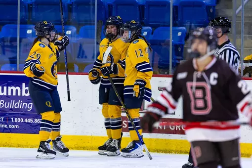 Aynsley D'Ottavio, Emerson Jarvis, and Peyton Cormier Celebrating a Goal Against Brown (2.13.26 in Hamden, CT)