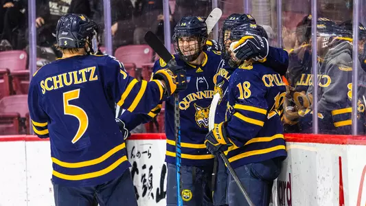Victor Czerneckianair and the Bobcats Celebrate a Goal vs. Harvard (Feb. 28, 2026 in Cambridge, Mass.)
