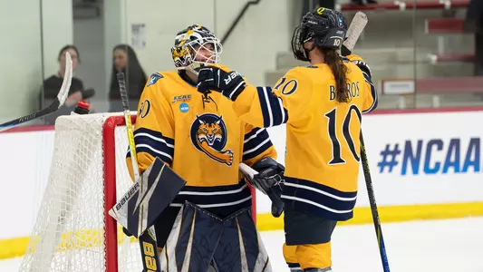 Felicia Frank and Avery Bairos Celebrate After Quinnipiac's Win over Franklin Pierce (March 12, 2026 in Madison, Wisc.)