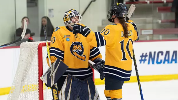 Felicia Frank and Avery Bairos Celebrate After Quinnipiac's Win over Franklin Pierce (March 12, 2026 in Madison, Wisc.)