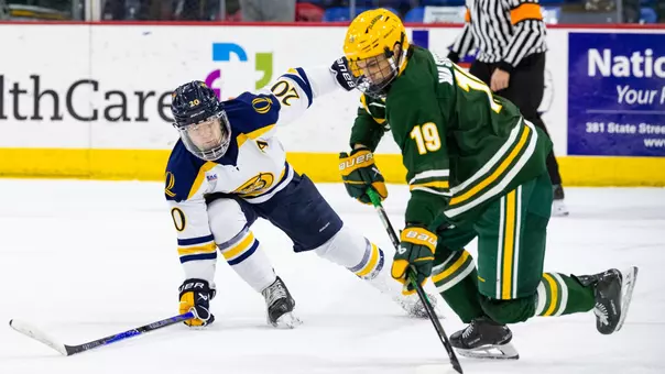 Mason Marcellus Defends the Puck Against Clarkson (March 13, 2026 in Hamden, Conn.)