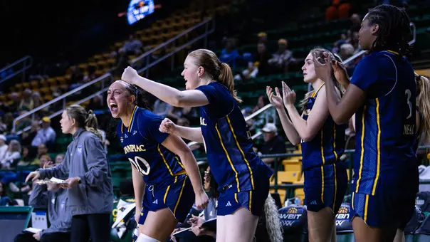 WBB Bench Celebrates Win over George Mason (March 19, 2026 in Fairfax, VA)