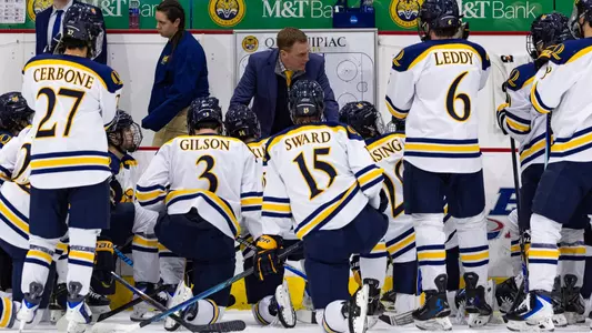 Rand Pecknold Address the Bobcats During a Timeout (March 14, 2026 in Hamden, Conn.)