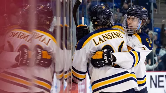 Elliott Groenewold and Matthew Lansing Celebrate a Goal vs. Yale (Feb. 7, 2026 in Hamden, Conn.)
