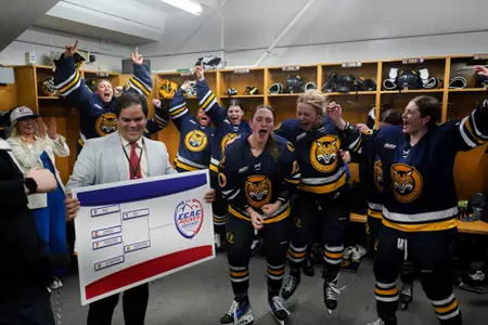 Avery Bairos & WIH Team Celebrating OT Win Against Princeton (3.6.26 in Lake Placid, NY)