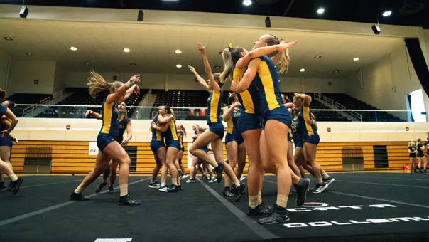 Quinnipiac Celebrates After Its Team Routine during the NCATA Quarterfinals (April 23, 2026 in Azusa, Calif.)
