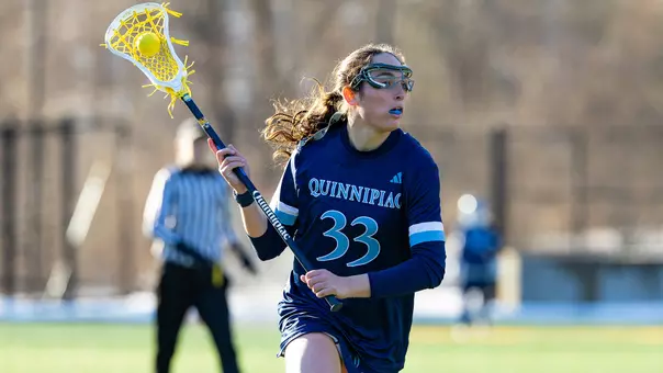 Cate Bendowski Drives the Ball against CCSU (Feb. 27, 2026 in Hamden, Conn.)