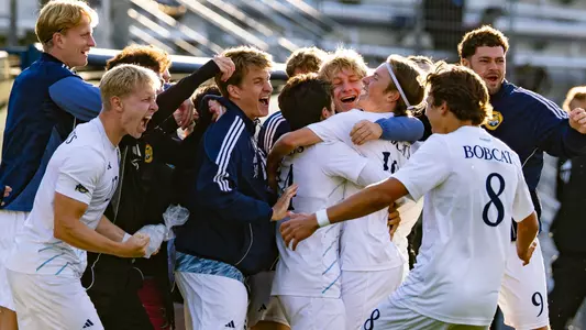 Quinnipiac Celebrates a Game-Winning Goal against Manhattan (Oct. 15, 2025 in Hamden, Conn.)