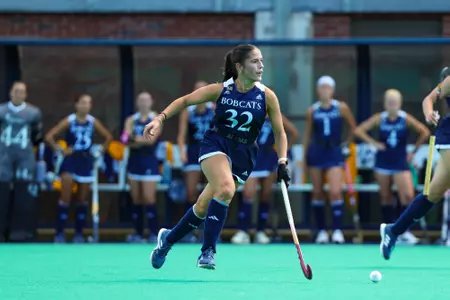 Jule Hoefer with the ball vs Bucknell (Aug. 31, 2025 in Hamden, Conn.)
