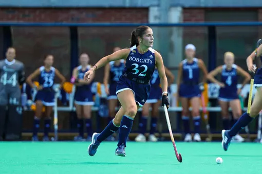 Jule Hoefer with the ball vs Bucknell (Aug. 31, 2025 in Hamden, Conn.)