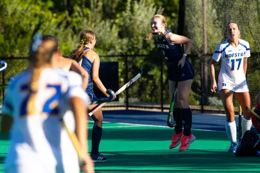 Ava Bleier and Rozemarijn Van Keulen Celebrating OT Goal Against Hofstra (Sept. 11, 2026 in Hamden, Conn.)