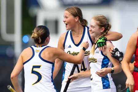 Rozemarijn Van Keulen celebrating with Ava Bleier after Bleier's goal against Sacred Heart (Sept. 18, 2026 in New Haven, Conn.)