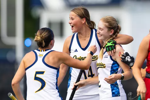 Rozemarijn Van Keulen celebrating with Ava Bleier after Bleier's goal against Sacred Heart (Sept. 18, 2026 in New Haven, Conn.)