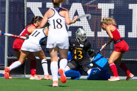 Meike van Schoot making a save against Sacred Heart (Sept. 18, 2026 in New Haven, Conn.)