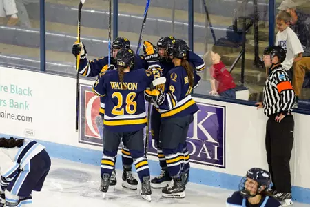 Group celebration after Rosalie Breton's goal against Maine (Sept. 26, 2026 in Orono, Maine)
