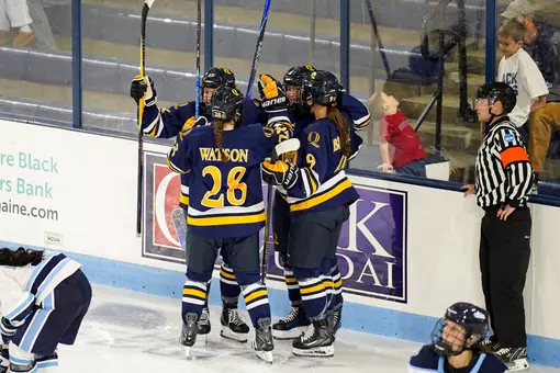 Group celebration after Rosalie Breton's goal against Maine (Sept. 26, 2026 in Orono, Maine)