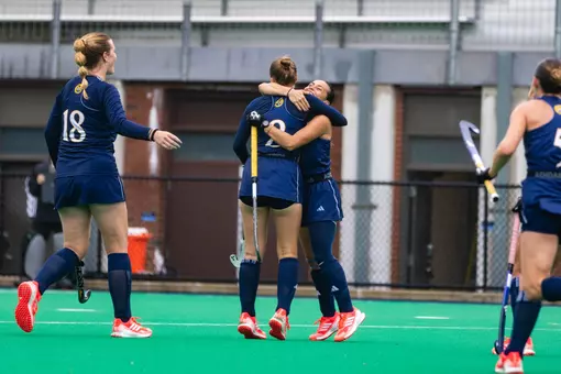 Martina Calveira celebrating goal with Julia Lutz against Rider (Sept. 27, 2026 in Hamden, Conn.)