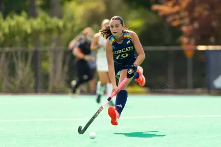 Martina Calveira with the ball against Bryant (Aug. 28, 2026 in Hamden, Conn.)