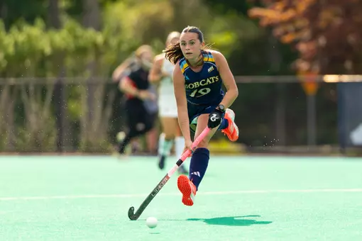 Martina Calveira with the ball against Bryant (Aug. 28, 2026 in Hamden, Conn.)