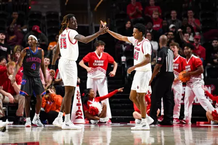12/12/2022 Louisiana vs Louisiana Christian University. Final score Louisiana 98 LCU 63. Photo by Benjamin R. Massey. Players in photo: Isaiah Richards}\Kentrell Garnett\