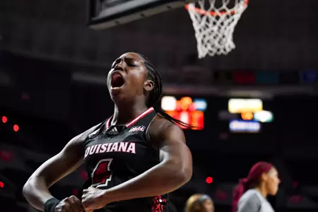 01/19/2023 Louisiana vs Old Dominion University WBB. Final score Louisiana 61 ODU 51. Photo by Benjamin R. Massey. About photo: Lanay Wheaton celebrates against Old Dominion.