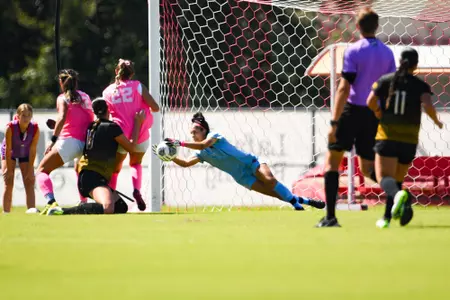 Makenna Garcia makes a save October 8, 2023 Louisiana Women's Soccer vs Southern Miss in Lafayette, LA at Home Bank Track and Soccer Complex. Final Score Louisiana 2 USM 1. Photo by Benjamin R. Massey/Ragin Cajun Athletics