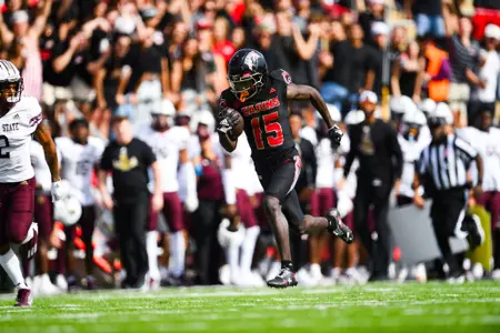 Robert Williams after the catch October 7, 2023 Louisiana vs Texas State Football in Lafayette, LA at Cajun Field. Final score Louisiana 34 Texas State 30. Photo by Benjamin R. Massey/Ragin Cajun Athletics