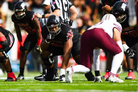 AJ Gillie pre snap October 7, 2023 Louisiana vs Texas State Football in Lafayette, LA at Cajun Field. Final score Louisiana 34 Texas State 30. Photo by Benjamin R. Massey/Ragin Cajun Athletics