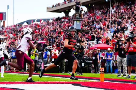 Peter LeBlanc makes a catch for a touchdown October 7, 2023 Louisiana vs Texas State Football in Lafayette, LA at Cajun Field. Final score Louisiana 34 Texas State 30. Photo by Benjamin R. Massey/Ragin Cajun Athletics