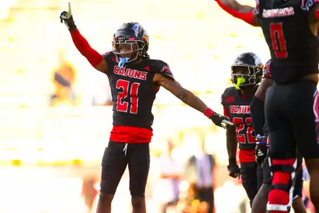 Keyon Martin celebrates a pass break up October 7, 2023 Louisiana vs Texas State Football in Lafayette, LA at Cajun Field. Final score Louisiana 34 Texas State 30. Photo by Benjamin R. Massey/Ragin Cajun Athletics