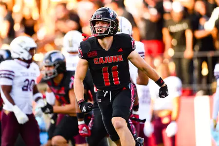 Dalen Cambre celebrates a blocked punt October 7, 2023 Louisiana vs Texas State Football in Lafayette, LA at Cajun Field. Final score Louisiana 34 Texas State 30. Photo by Benjamin R. Massey/Ragin Cajun Athletics
