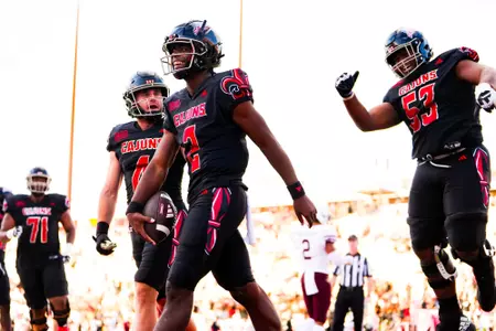 Zeon Chriss celebrates scoring the go ahead touchdown October 7, 2023 Louisiana vs Texas State Football in Lafayette, LA at Cajun Field. Final score Louisiana 34 Texas State 30. Photo by Benjamin R. Massey/Ragin Cajun Athletics