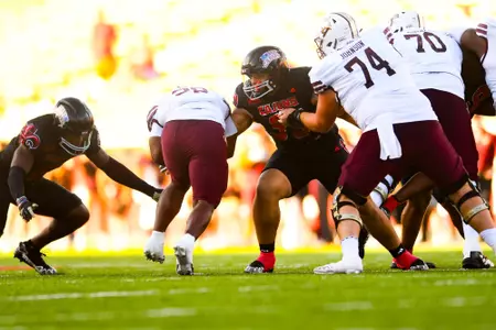 Marcus Wiser makes a tackle with Jasper Williams October 7, 2023 Louisiana vs Texas State Football in Lafayette, LA at Cajun Field. Final score Louisiana 34 Texas State 30. Photo by Benjamin R. Massey/Ragin Cajun Athletics