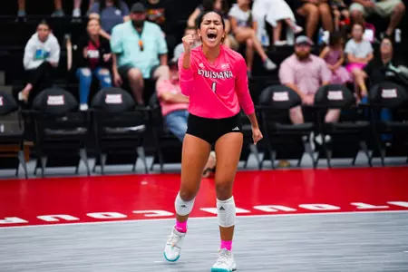 Siena DeCambra celebrates a point October 14, 2023 Louisiana Volleyball vs South Alabama Game 2 at Historic Earl K. Long Gymnasium at Antoun Court. Final Score Louisiana 1 USA 3. Photo by Benjamin R. Massey/Ragin Cajun Athletics