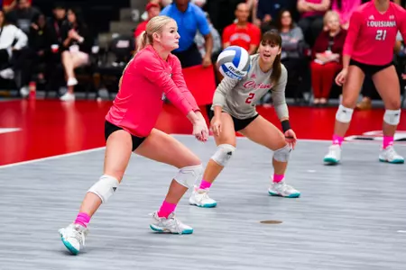 Kennedy Gustafson pass October 14, 2023 Louisiana Volleyball vs South Alabama Game 2 at Historic Earl K. Long Gymnasium at Antoun Court. Final Score Louisiana 1 USA 3. Photo by Benjamin R. Massey/Ragin Cajun Athletics