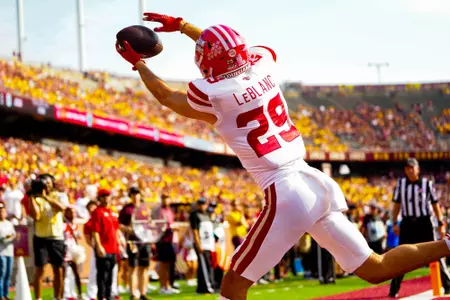 Peter LeBlanc makes a catch for a touchdown September 30, 2023 Louisiana @ University of Minnesota Football in Minneapolis, MN at Huntington Bank Stadium. Final score Louisiana 24 Minnesota 35. Photo by Benjamin R. Massey/Ragin Cajun Athletics