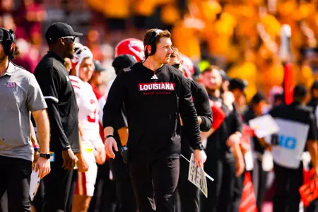 Max Arnold on the sideline September 30, 2023 Louisiana @ University of Minnesota Football in Minneapolis, MN at Huntington Bank Stadium. Final score Louisiana 24 Minnesota 35. Photo by Benjamin R. Massey/Ragin Cajun Athletics