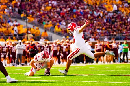 Kenneth Almendares ties program record for consecutive Field Goals made at 17. September 30, 2023 Louisiana @ University of Minnesota Football in Minneapolis, MN at Huntington Bank Stadium. Final score Louisiana 24 Minnesota 35. Photo by Benjamin R. Massey/Ragin Cajun Athletics