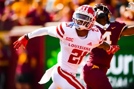Keyon Martin guards an opponent September 30, 2023 Louisiana @ University of Minnesota Football in Minneapolis, MN at Huntington Bank Stadium. Final score Louisiana 24 Minnesota 35. Photo by Benjamin R. Massey/Ragin Cajun Athletics