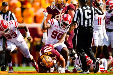 Kadarius Miller celebrates making a tackle September 30, 2023 Louisiana @ University of Minnesota Football in Minneapolis, MN at Huntington Bank Stadium. Final score Louisiana 24 Minnesota 35. Photo by Benjamin R. Massey/Ragin Cajun Athletics